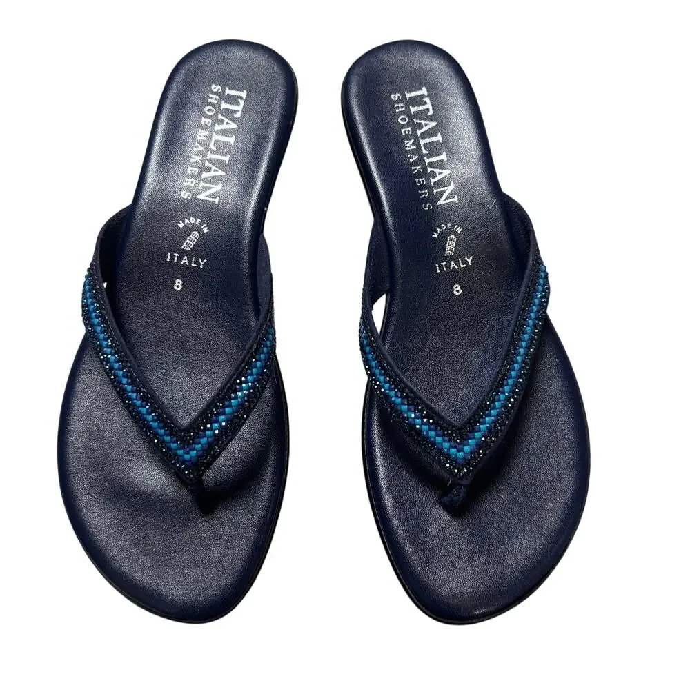 Italian Shoemakers Blue Leather and Rhinestone Wedge Sandals - Picture 2 of 6